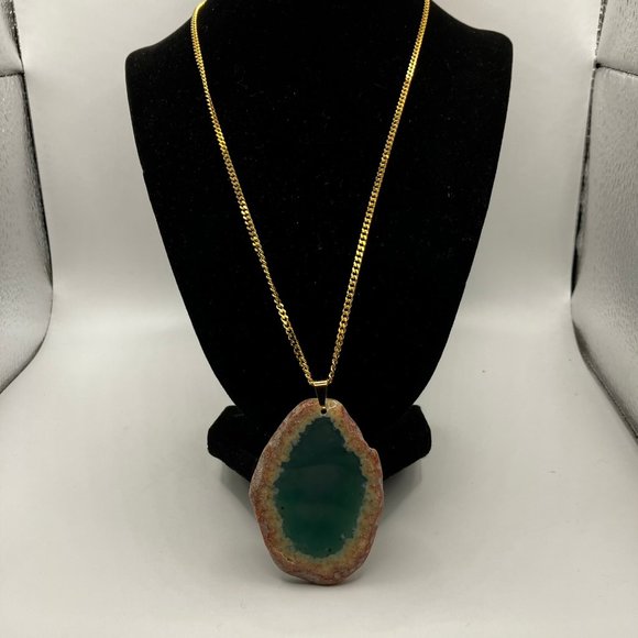 NEW Agate Gemstone Raw Edge AQUA Colored Gemstone + 20 in Golden Stainless Chain - Picture 9 of 12